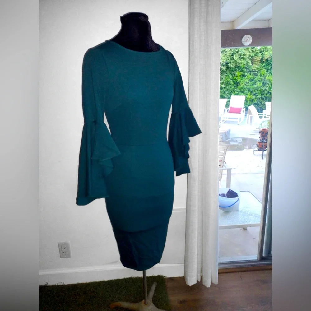 NWT Vfshow Bell Ruffle Sleeve Bodycon Midi Dress Dark Green Blue XS - Picture 6 of 11